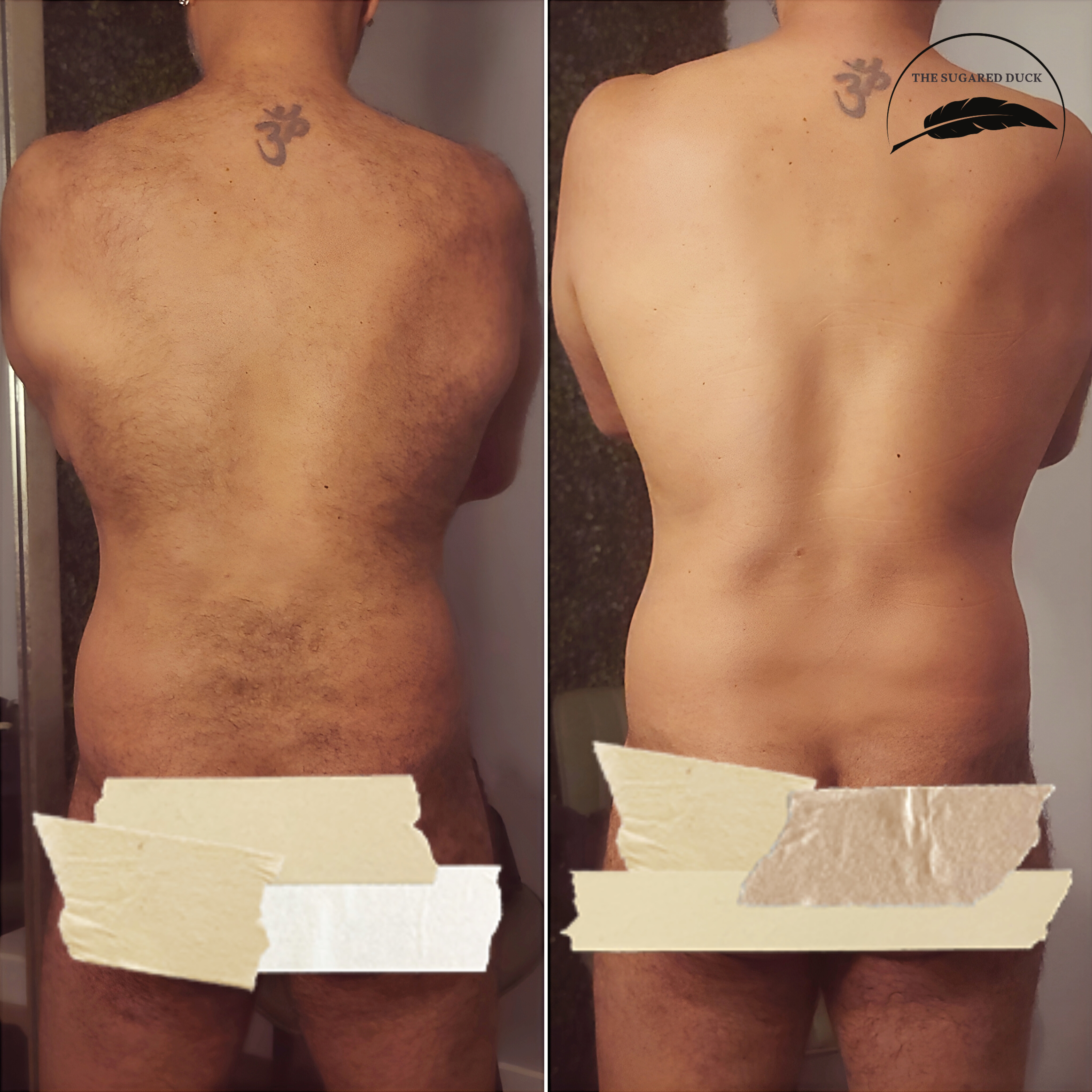 Professional back grooming and sugar waxing results showing smooth, trimmed appearance